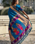 Blue Zari Woven Paithani Silk Saree with Vitthal Rukmini Pallu