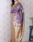 Purplish Grey Soft Silk Zari Woven Cow and Tree Pattern Saree