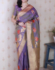 Purplish Grey Soft Silk Zari Woven Cow and Tree Pattern Saree