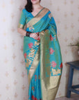 Aqua Blue Soft Silk Zari Woven Cow and Tree Pattern Saree