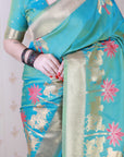 Aqua Blue Soft Silk Zari Woven Cow and Tree Pattern Saree
