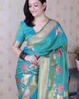 Aqua Blue Soft Silk Zari Woven Cow and Tree Pattern Saree