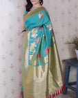 Aqua Blue Soft Silk Zari Woven Cow and Tree Pattern Saree
