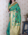 Sea Green Soft Silk Zari Woven Cow and Tree Pattern Saree