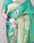 Sea Green Soft Silk Zari Woven Cow and Tree Pattern Saree