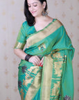 Sea Green Soft Silk Zari Woven Cow and Tree Pattern Saree