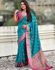 Aqua Blue Soft Ikkat Patola Zari Woven Silk Saree
