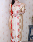 Cream Soft Silk Zari Woven Cow and Tree Pattern Saree