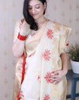 Cream Soft Silk Zari Woven Cow and Tree Pattern Saree