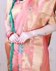 Peach Soft Silk Zari Woven Cow and Tree Pattern Saree