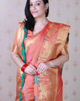 Peach Soft Silk Zari Woven Cow and Tree Pattern Saree