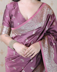 Dusty Pink Banarasi Silver Zari Woven Soft Silk Saree