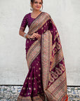 Wine Pashmina Silk with detailed Meenakari Zari Woven Saree