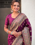 Wine Pashmina Silk with detailed Meenakari Zari Woven Saree