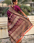 Wine Pashmina Silk with detailed Meenakari Zari Woven Saree