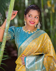 Yellow Tissue Kanjivaram Silk Zari Woven Contrast Big Border Saree
