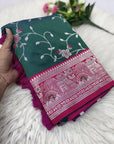 Peacock Blue Premium Banarasi Silk Zari Woven Meenakari Floral Jaal Saree