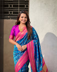 Rama Blue Soft Checks Pattern and Contrast Zigzag Border Silk Saree
