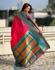 Rani PInk Soft Checks Pattern and Contrast Zigzag Border Silk Saree