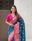 Dark Blue Soft Patola Lehehriya Zari Woven Contrast Silk Saree