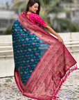 Dark Blue Soft Patola Lehehriya Zari Woven Contrast Silk Saree