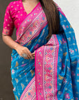 Blue Soft Patola Lehehriya Zari Woven Contrast Silk Saree