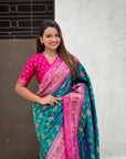 Peacock Blue Soft Patola Lehehriya Zari Woven Contrast Silk Saree