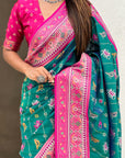 Peacock Blue Soft Patola Lehehriya Zari Woven Contrast Silk Saree
