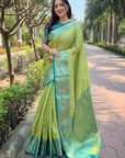 Pista Green Tissue Kanjivaram Silk Contrast Rich Zari Woven Saree