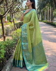 Pista Green Tissue Kanjivaram Silk Contrast Rich Zari Woven Saree
