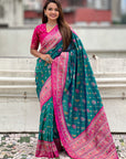 Peacock Blue Soft Patola Lehehriya Zari Woven Contrast Silk Saree