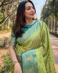 Pista Green Tissue Kanjivaram Silk Contrast Rich Zari Woven Saree