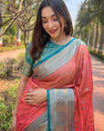 Coral Pink Tissue Kanjivaram Silk Contrast Rich Zari Woven Saree