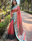 Coral Pink Tissue Kanjivaram Silk Contrast Rich Zari Woven Saree