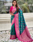 Peacock Blue Soft Patola Lehehriya Zari Woven Contrast Silk Saree
