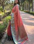 Coral Pink Tissue Kanjivaram Silk Contrast Rich Zari Woven Saree