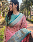 Baby Pink Tissue Kanjivaram Silk Contrast Rich Zari Woven Saree