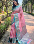 Baby Pink Tissue Kanjivaram Silk Contrast Rich Zari Woven Saree