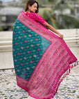 Peacock Blue Soft Patola Lehehriya Zari Woven Contrast Silk Saree