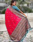 Pink Soft Patola Lehehriya Zari Woven Contrast Silk Saree