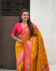 Mustard Yellow Soft Patola Lehehriya Zari Woven Contrast Silk Saree