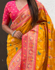 Mustard Yellow Soft Patola Lehehriya Zari Woven Contrast Silk Saree