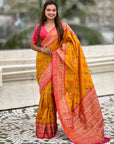 Mustard Yellow Soft Patola Lehehriya Zari Woven Contrast Silk Saree