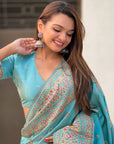 Sky Blue Pashmina Silk with detailed Meenakari Zari Woven Saree