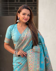 Sky Blue Pashmina Silk with detailed Meenakari Zari Woven Saree