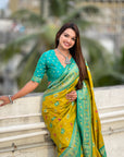 Mehendi Green Soft Patola Lehehriya Zari Woven Contrast Silk Saree