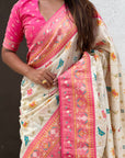 Cream Soft Patola Lehehriya Zari Woven Contrast Silk Saree