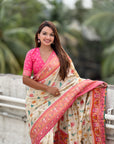 Cream Soft Patola Lehehriya Zari Woven Contrast Silk Saree