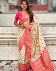 Cream Soft Patola Lehehriya Zari Woven Contrast Silk Saree