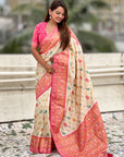 Cream Soft Patola Lehehriya Zari Woven Contrast Silk Saree